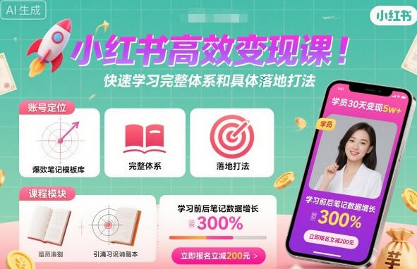 小红书高效变现课，快速学习小红书完整体系和具体落地打法